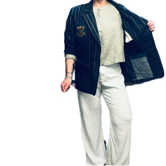 Women Vintage Custom Military Blazer  Reworked one of one Navy w-pinstripes gold - Picture 10 of 15